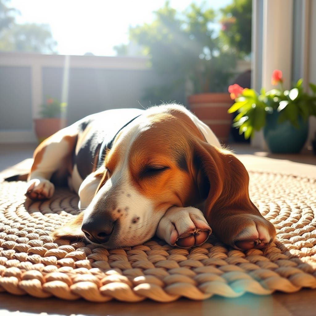 Basset Hound Napping in Sunshine on Rug