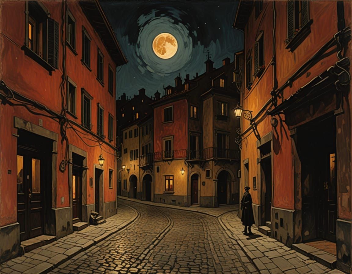 Metaphysical Night Scene in 19th-Century Italian Red Light D...