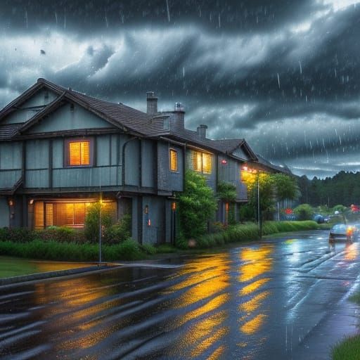 <lora:Cabanera:1.0> Dramatic weather with heavy rain and textured clouds over a suburban neighborhood.