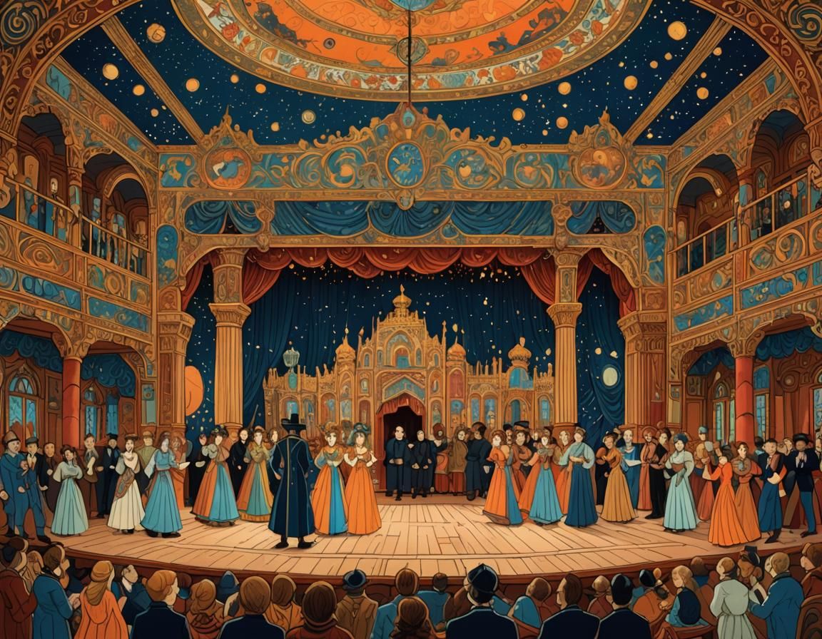 Ornate Theater Stage in Folk Art Illustration Style