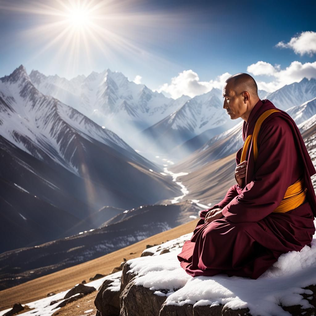 Tibetan Monk Meditating in Mystical Himalayan Light