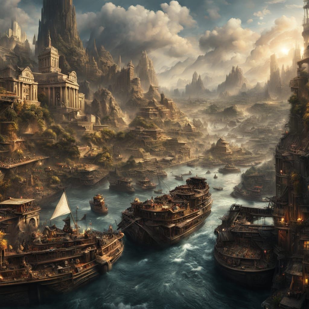 Epic Cityscape on River Voyage: Digital Matte Painting