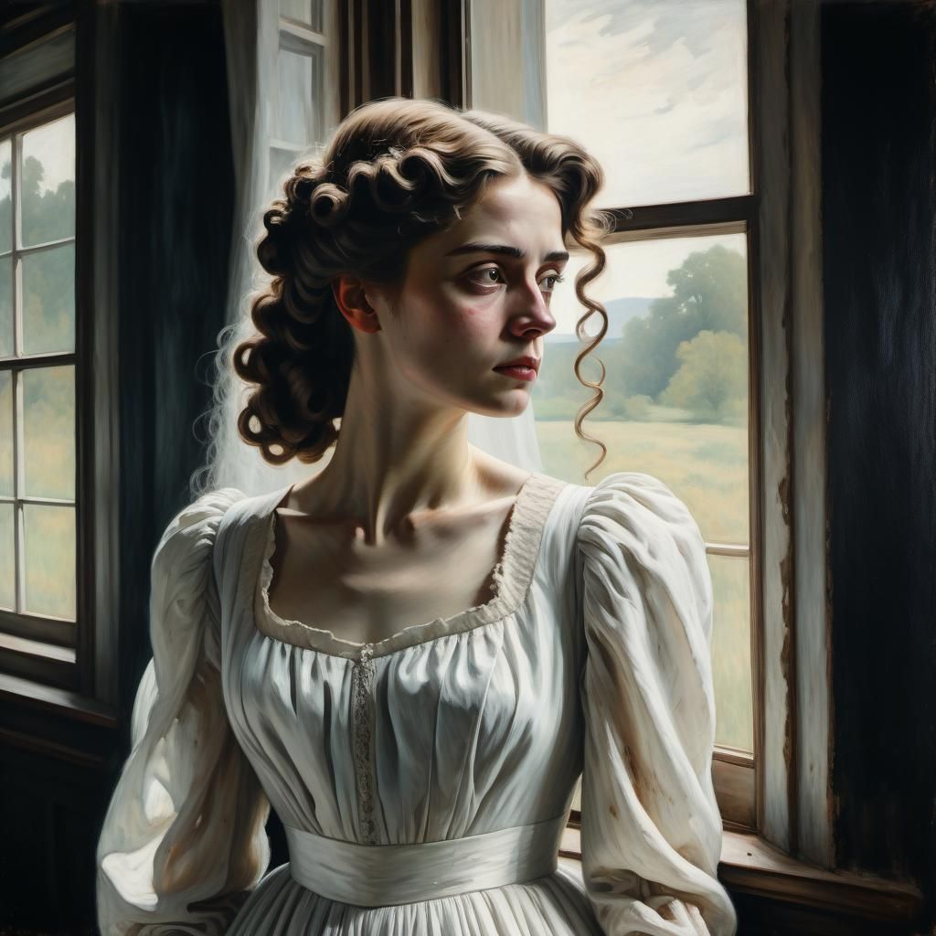 Young Woman in White Dress, Oil Painting Style