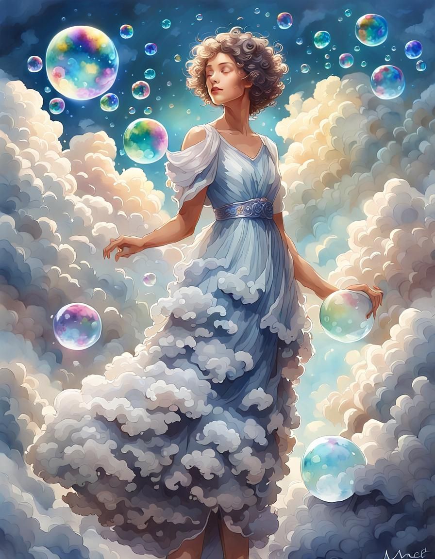 Cloud Goddess with Curly Hair, Watercolor Style