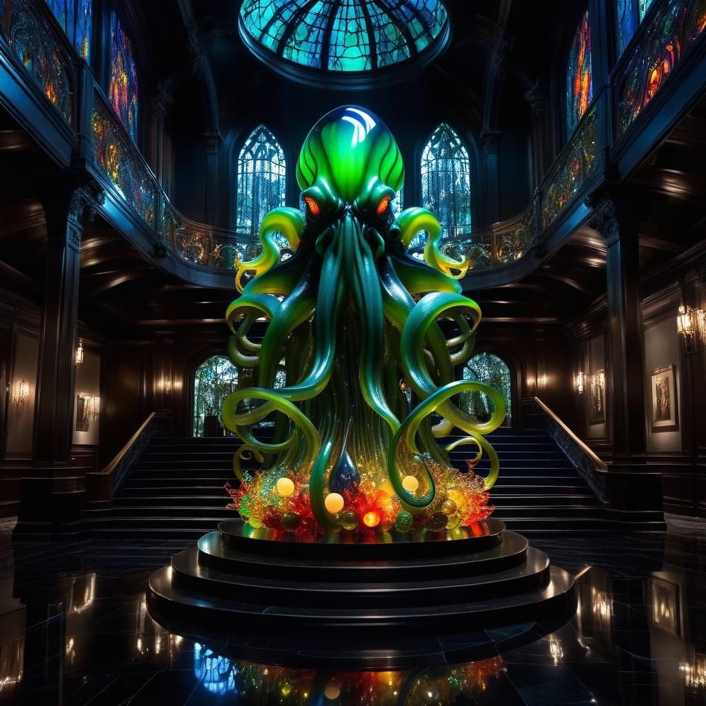 Blown Glass Cthulhu in Gothic Foyer