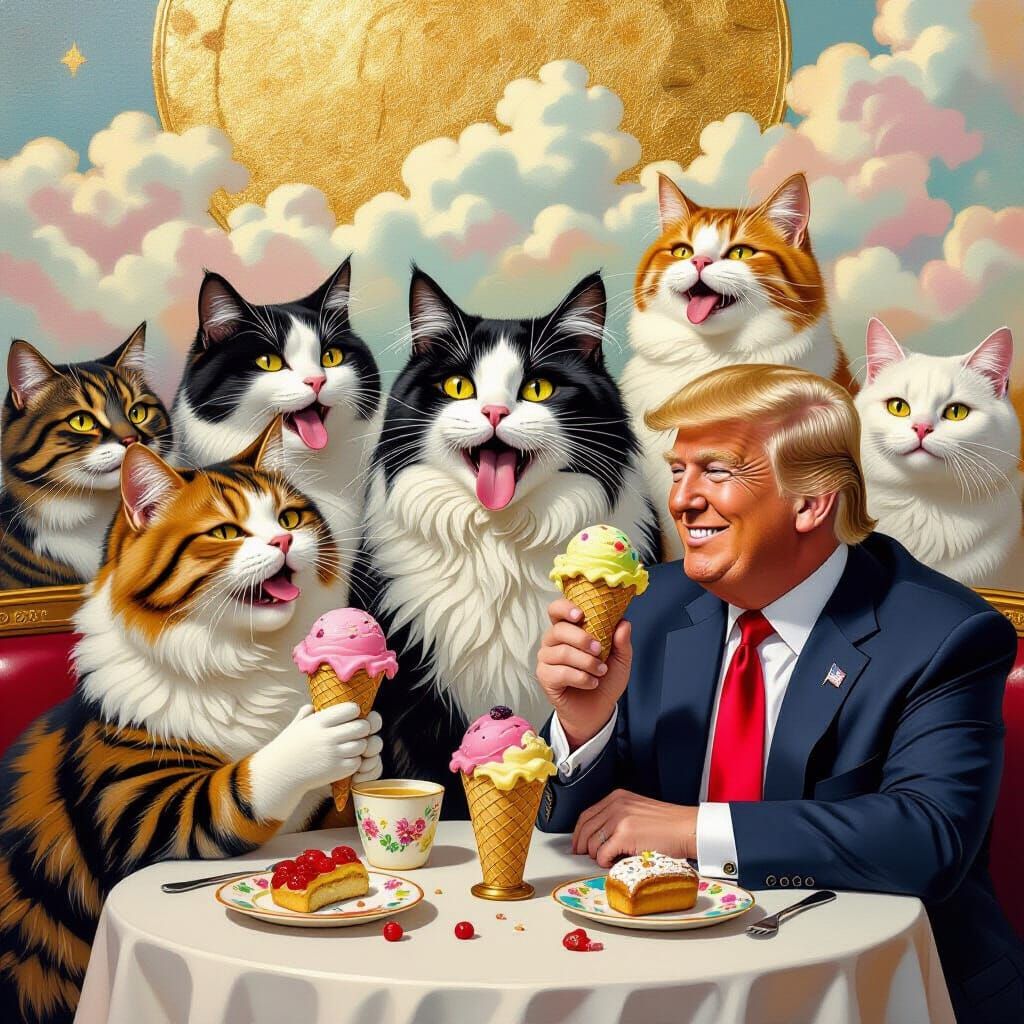 Cats Enjoying Ice Cream in Klimt Gold Style