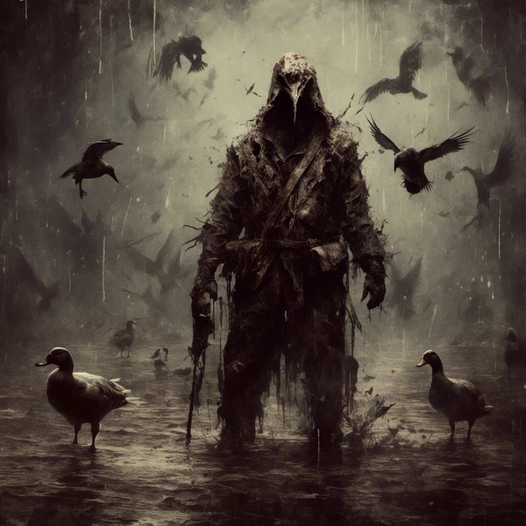 Sinister Duck Fighting Hunter Shadows in Macabre Style