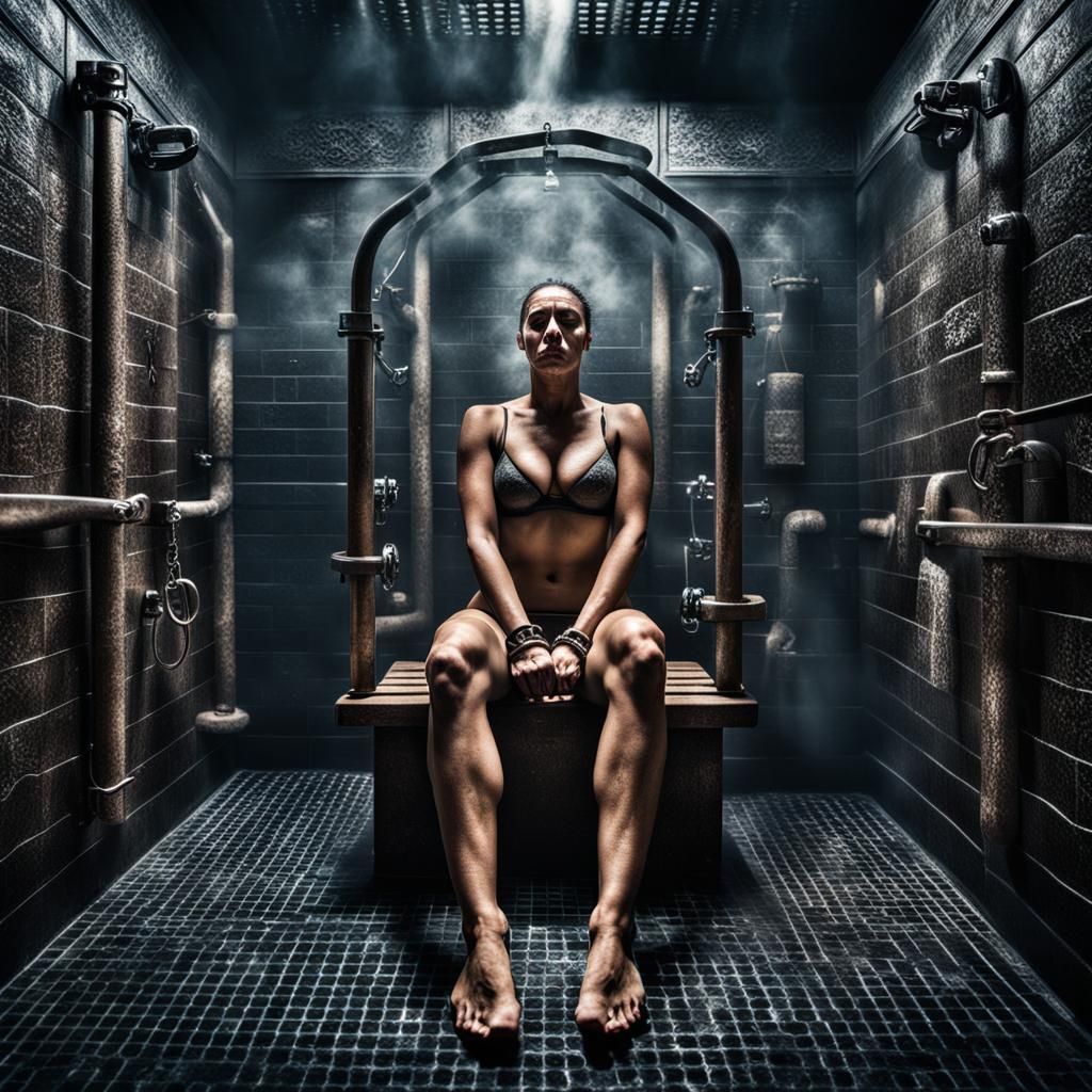 Woman in steam room wearing handcuffs eyes shut feet up