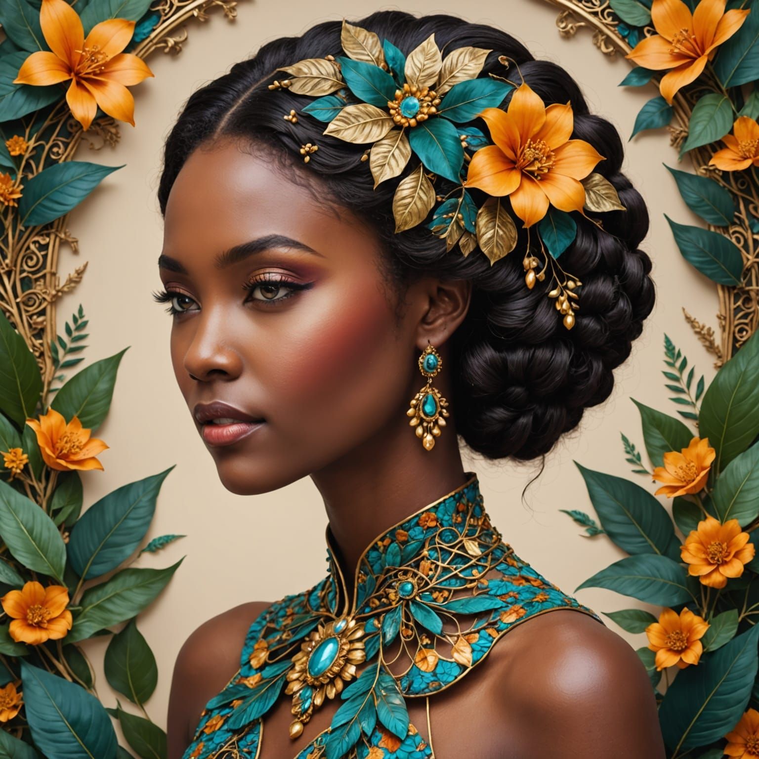 Intricate Hairstyle Art Featuring Natural Elements