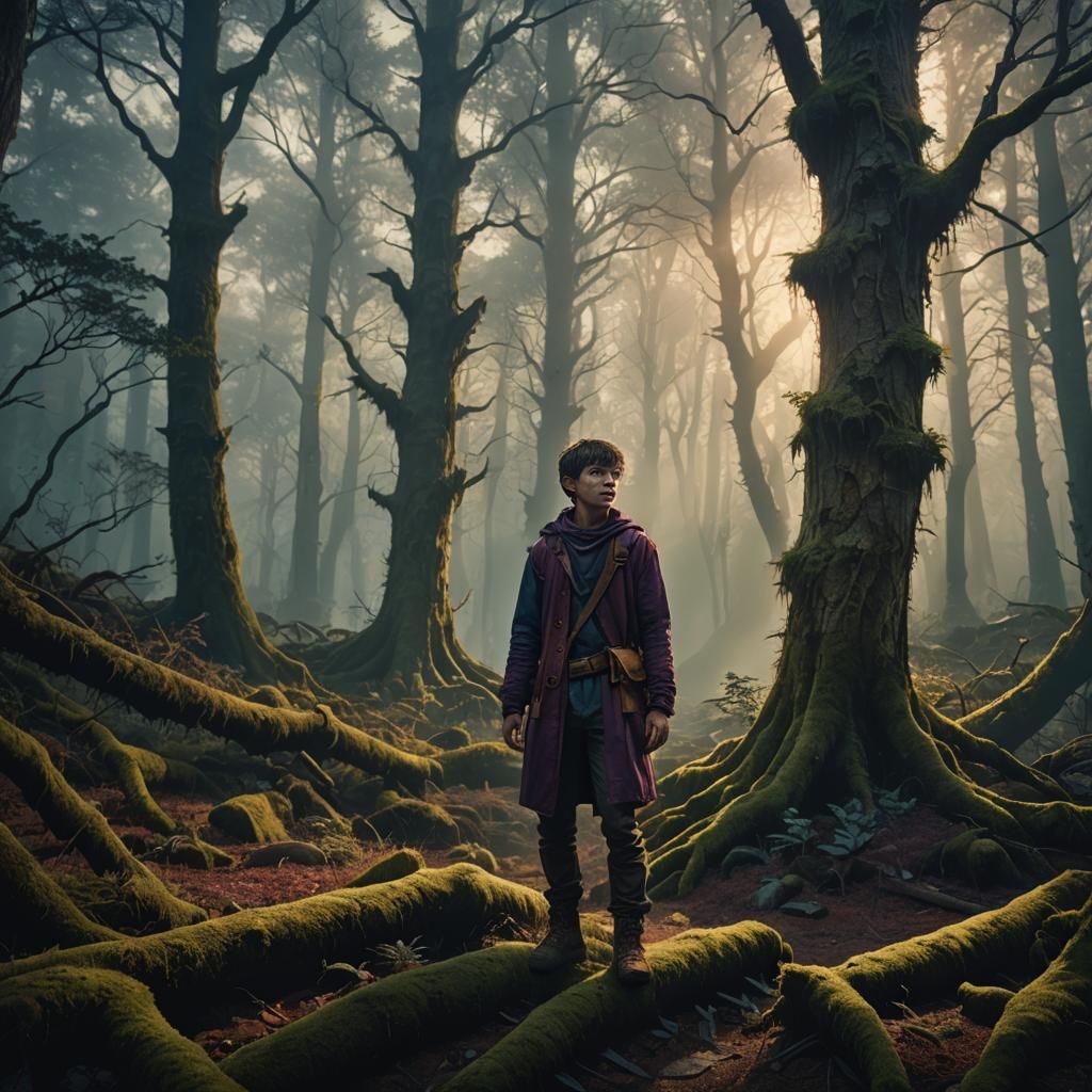 Mystical Forest Scene with Scarred Youth, Digital Art