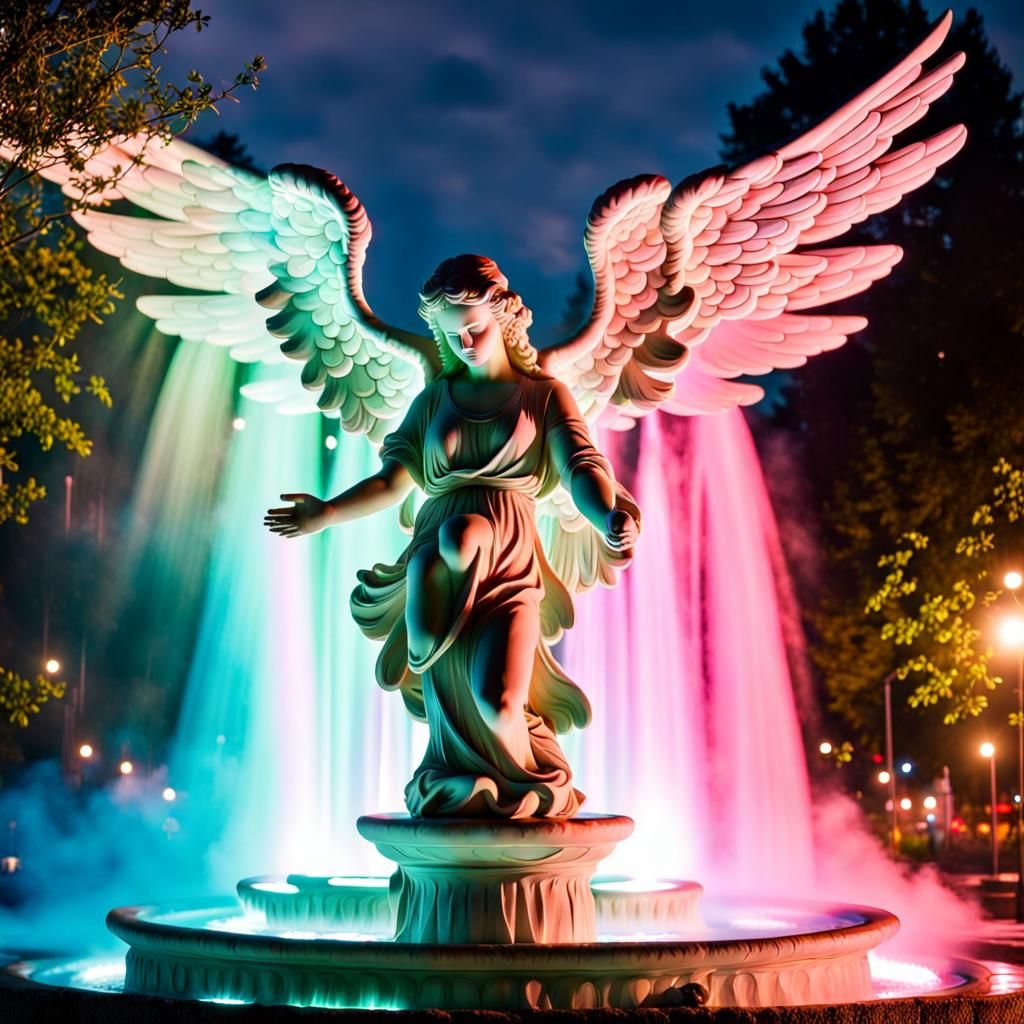 Angelic Water Fountain at Night in Divine Light