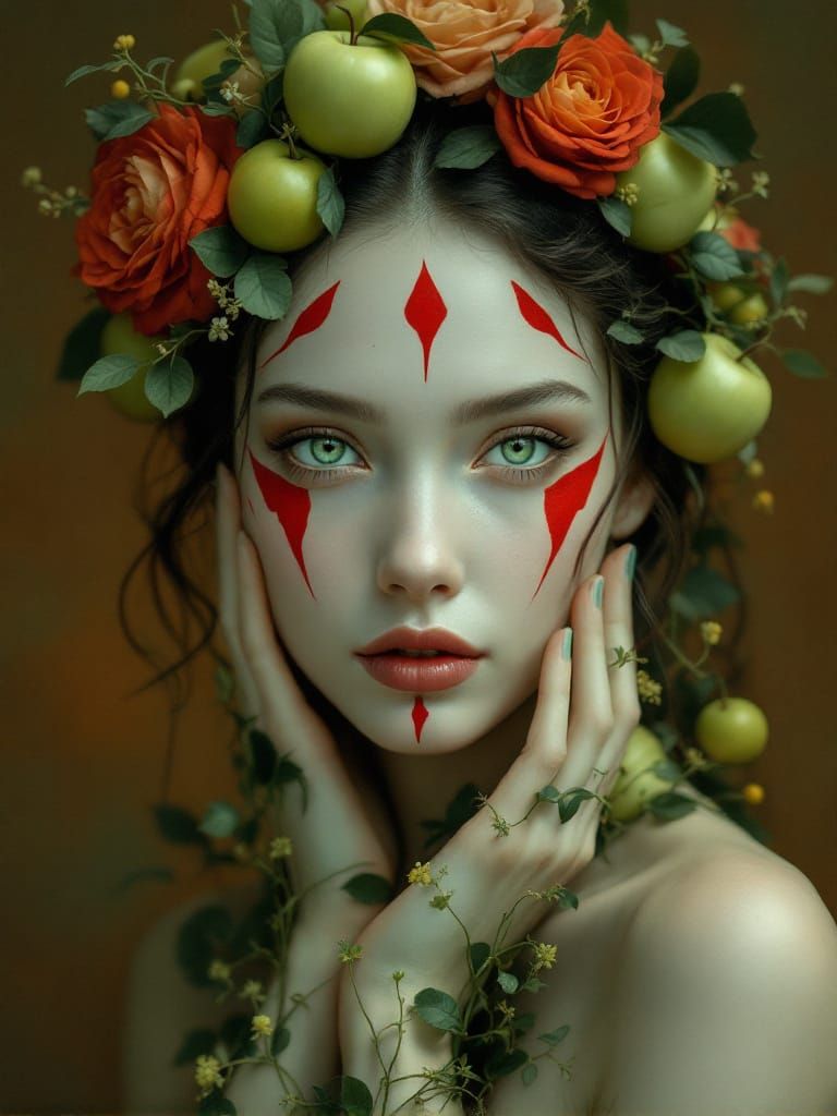 Ethereal Woman with Red Markings and Floral Crown