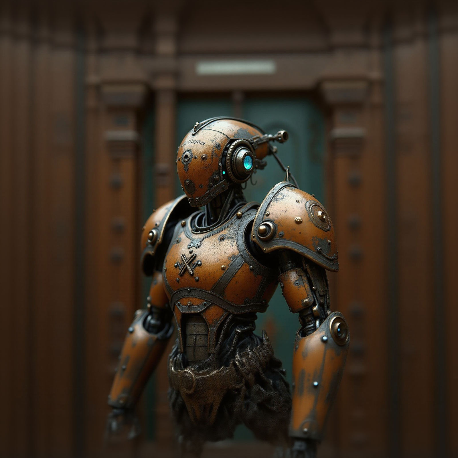 Industrial Automaton with Copper Filigree in Steampunk Style