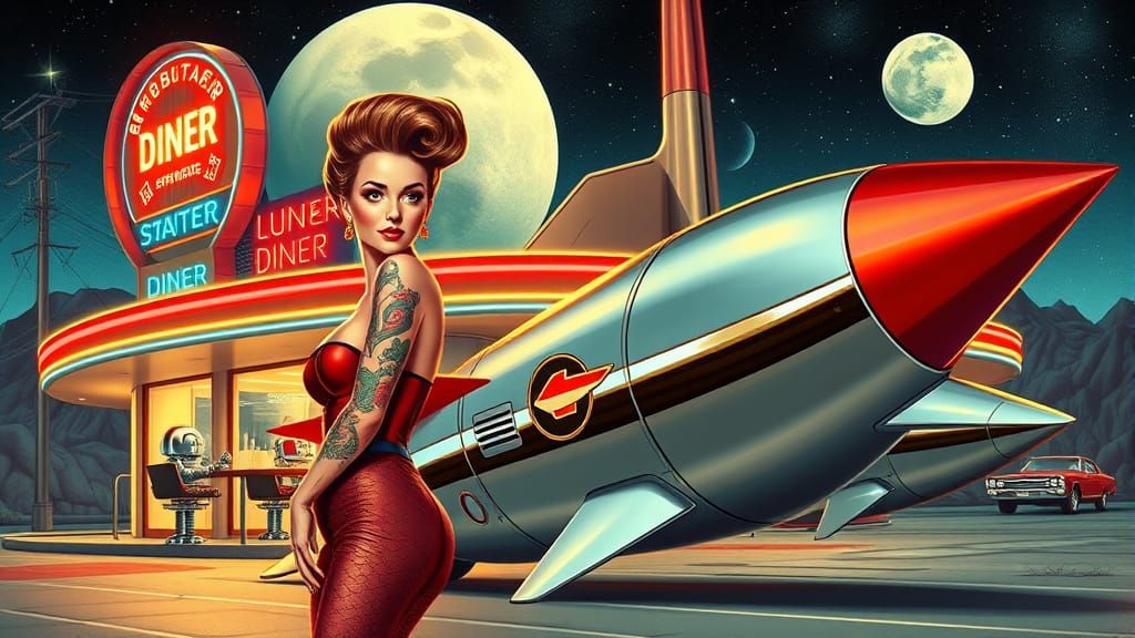 Retro-Futuristic Lunar Diner with Pin-Up Girl and Chrome-Fin...