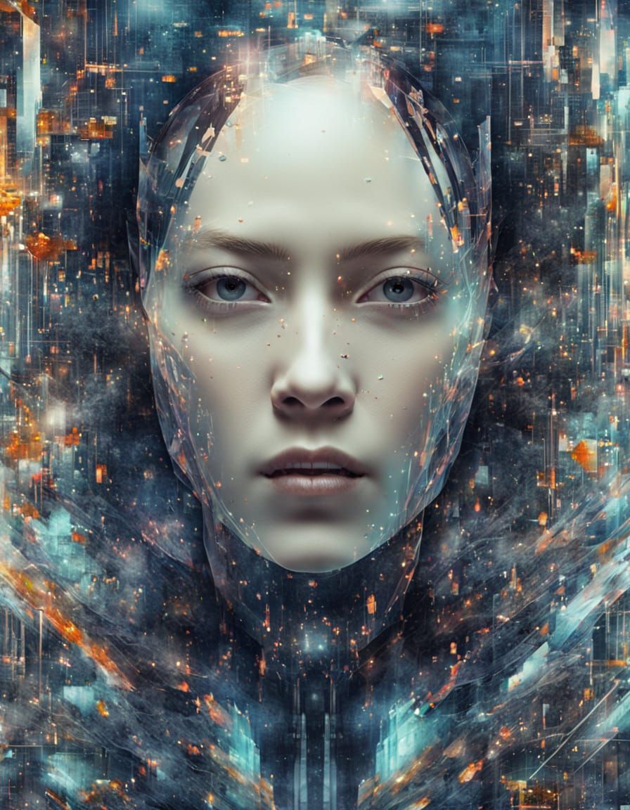 Distorted Android Woman Portrait with Digital Glitch Effects