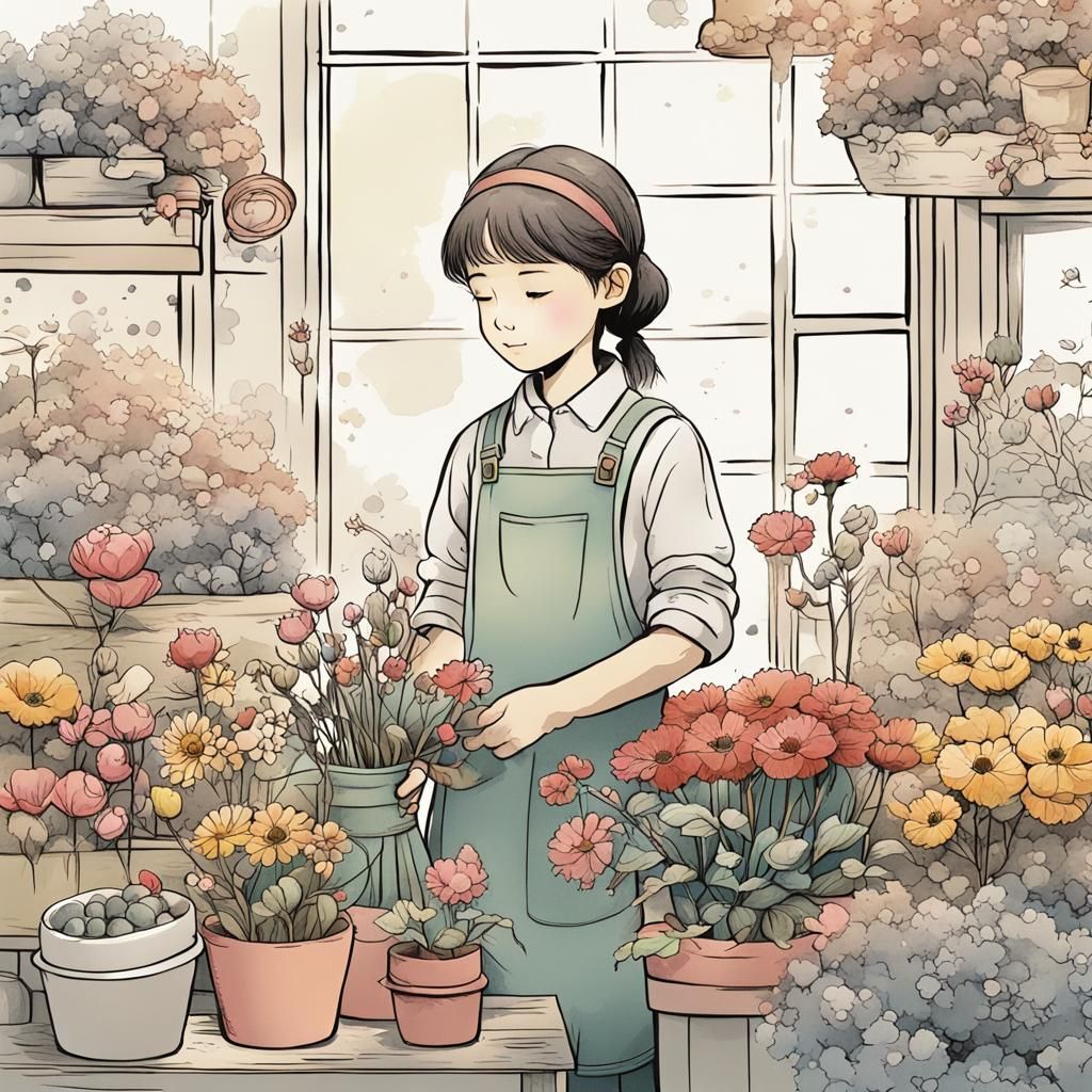 Cute Florist Girl in Children's Storybook Style