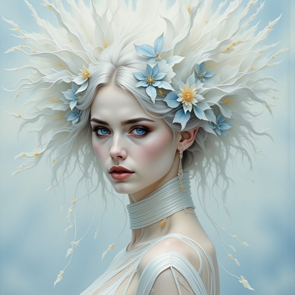 Ethereal Woman Portrait with Silk Hair in Pre-Raphaelite Sty...