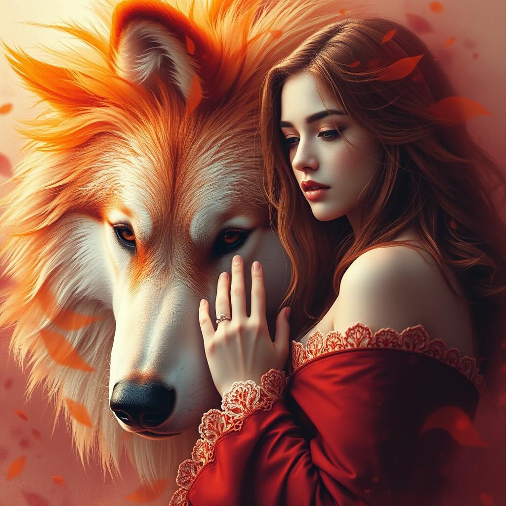 Woman with Fiery Wolf in Ethereal Dark Fantasy Art