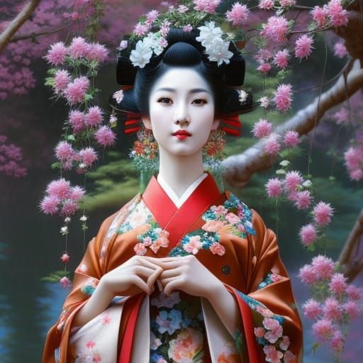 Japanese Woman in Kimono: Hyperdetailed Fantasy Art