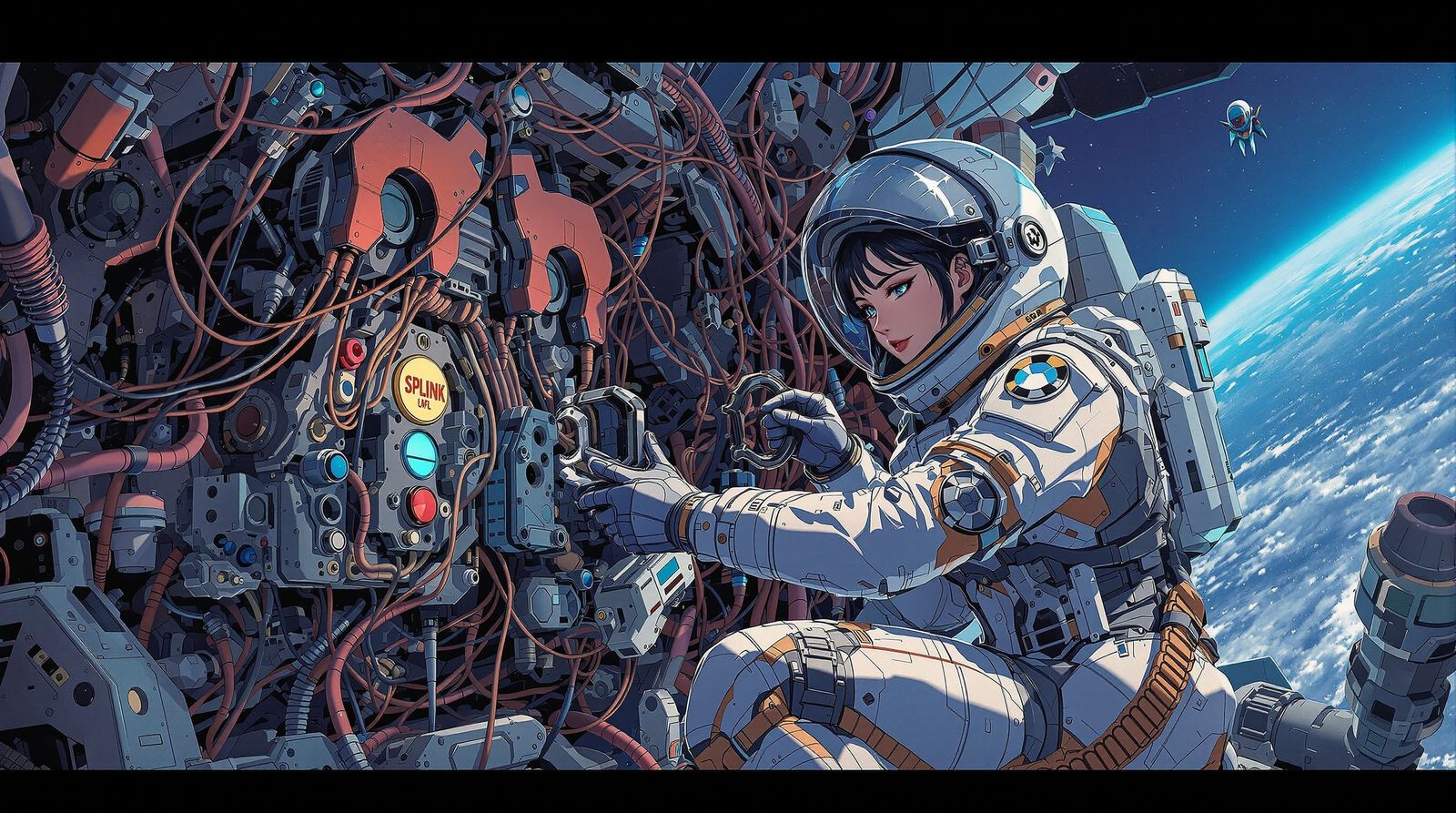 Cyberpunk Woman Repairs Starfighter Engine in Futuristic Spa...