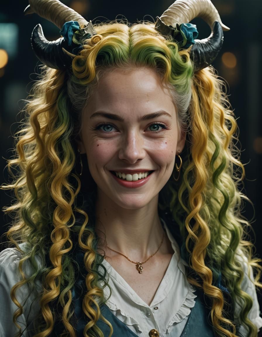 Beautiful Horned Woman with Colorful Hair, Dark Fantasy