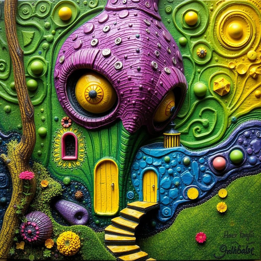 Surreal Still Life in Vibrant Hues of Green, Yellow, and Pur...