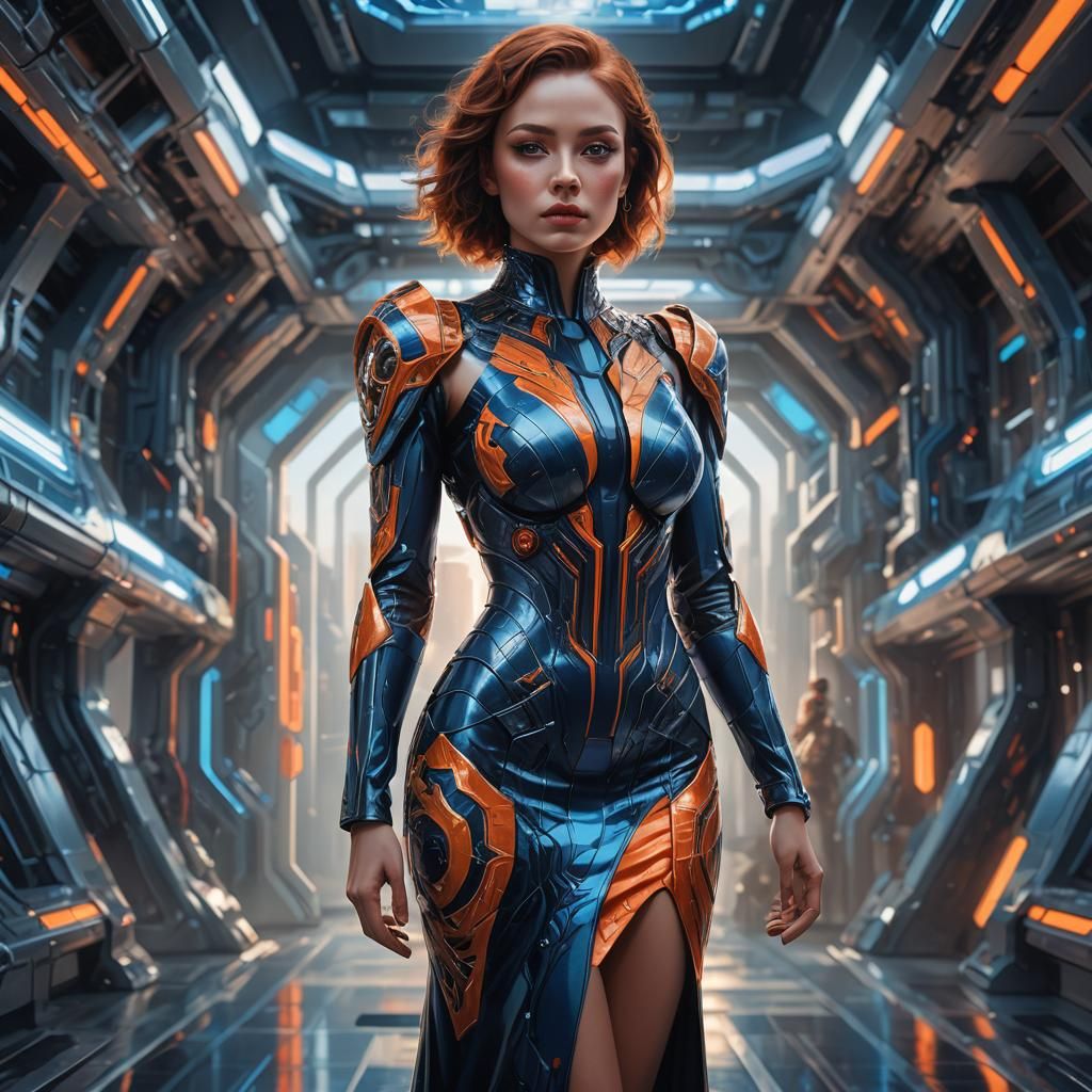 Futuristic Woman in Detailed Dress: Digital Art