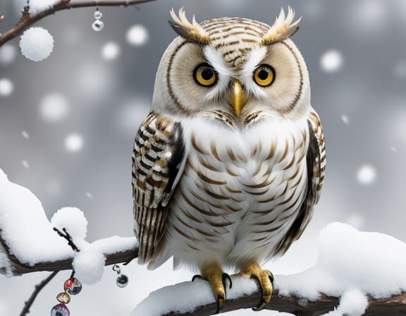 Whimsical Golden Owl in Winter Wonderland