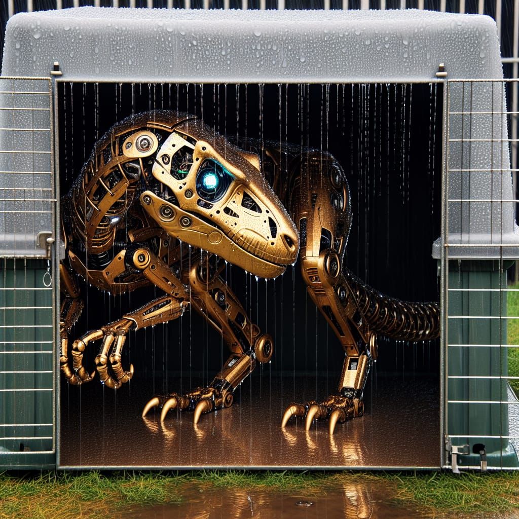 Robotic Velociraptor C3PO Style in Rainy Dog Kennel