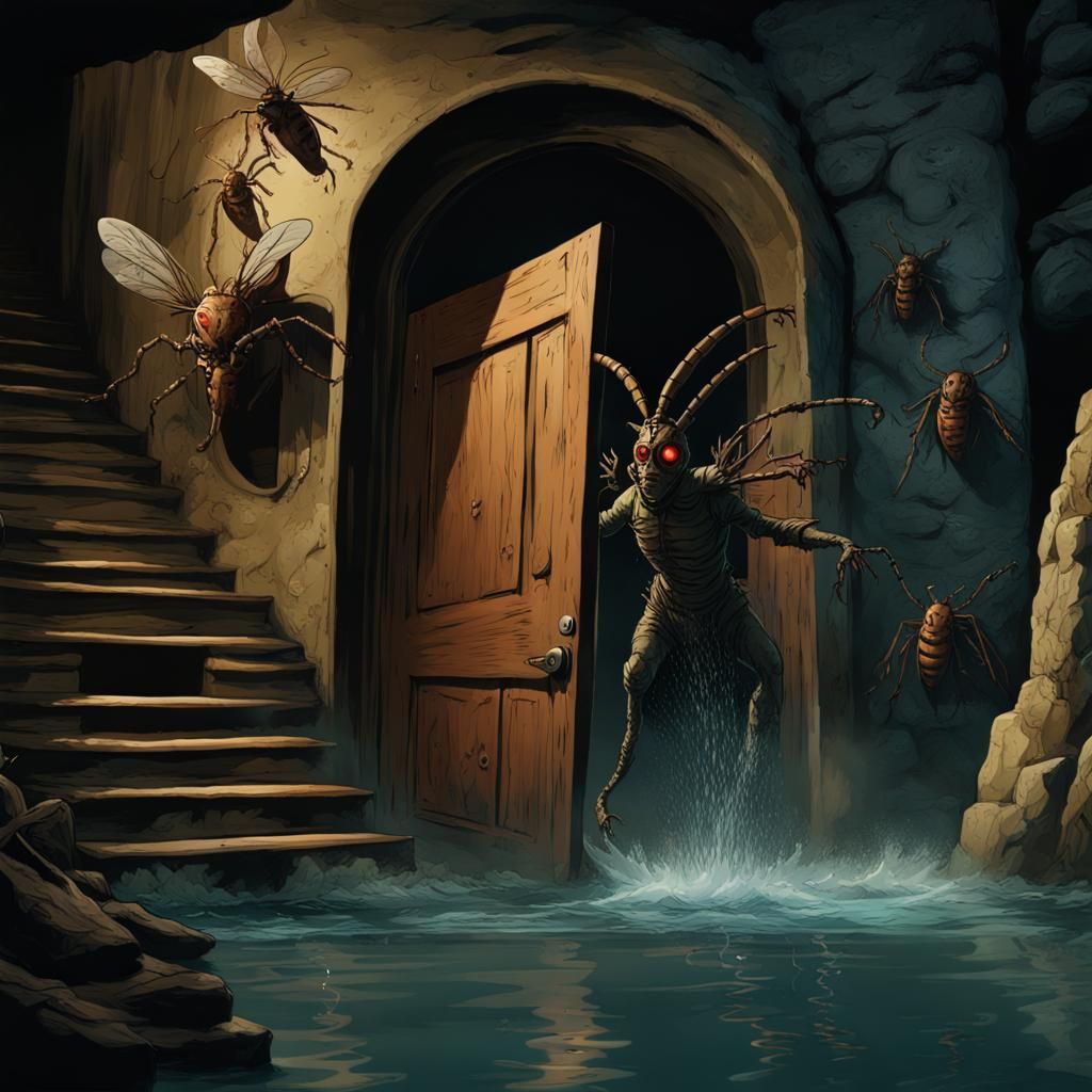 Fantasy Ranger Attacked by Giant Insects in Dark Alcove