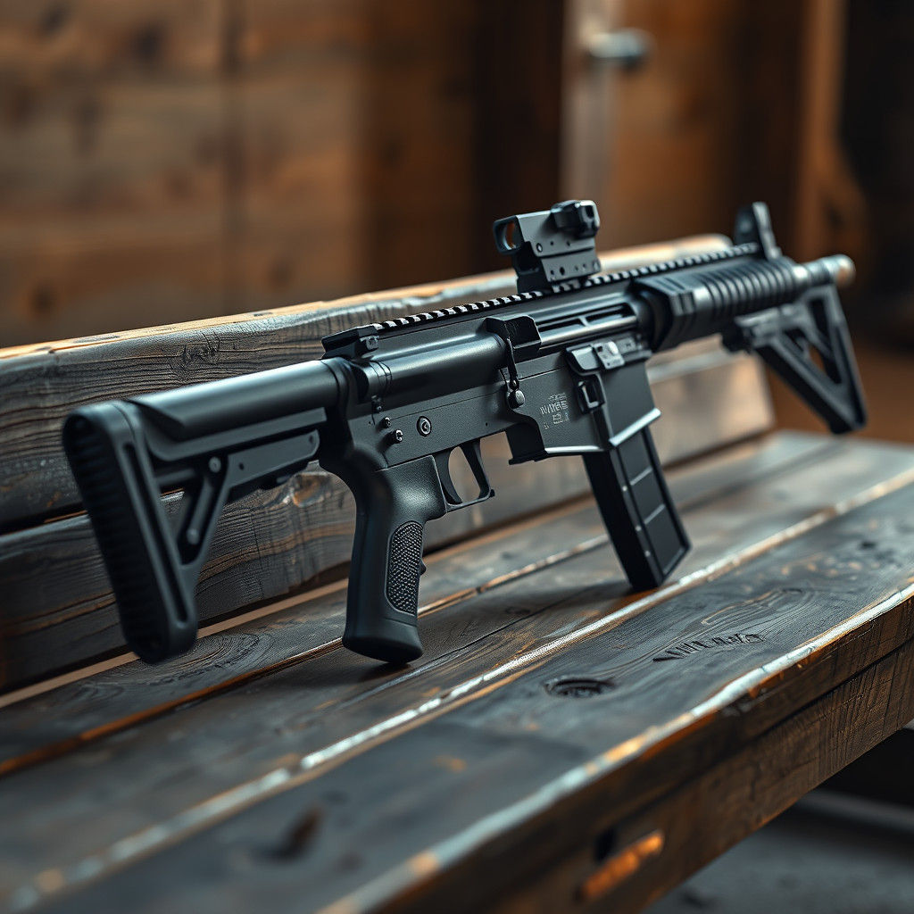 Photorealistic AR-15 Rifle on Wooden Bench