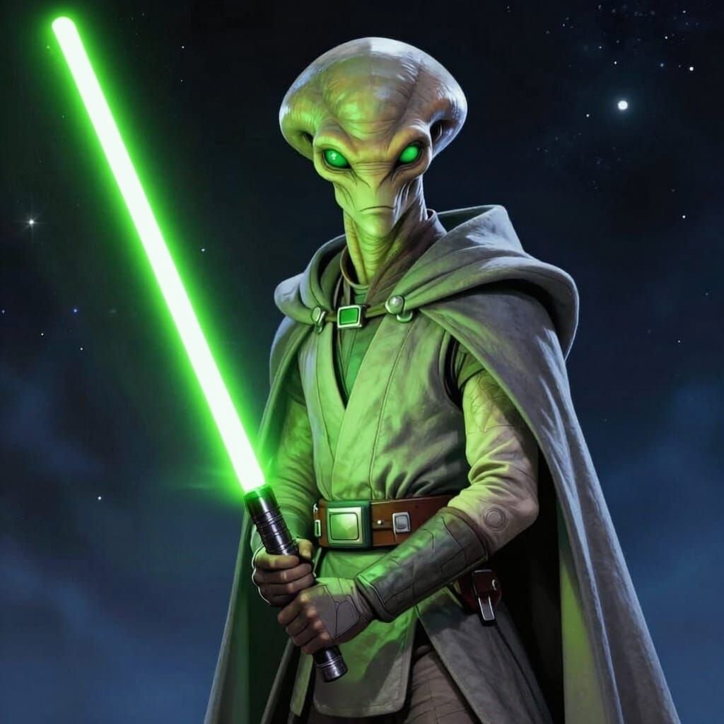 Jedi Alien Wields Two Lime Green Lightsabers in Grey Cloak
