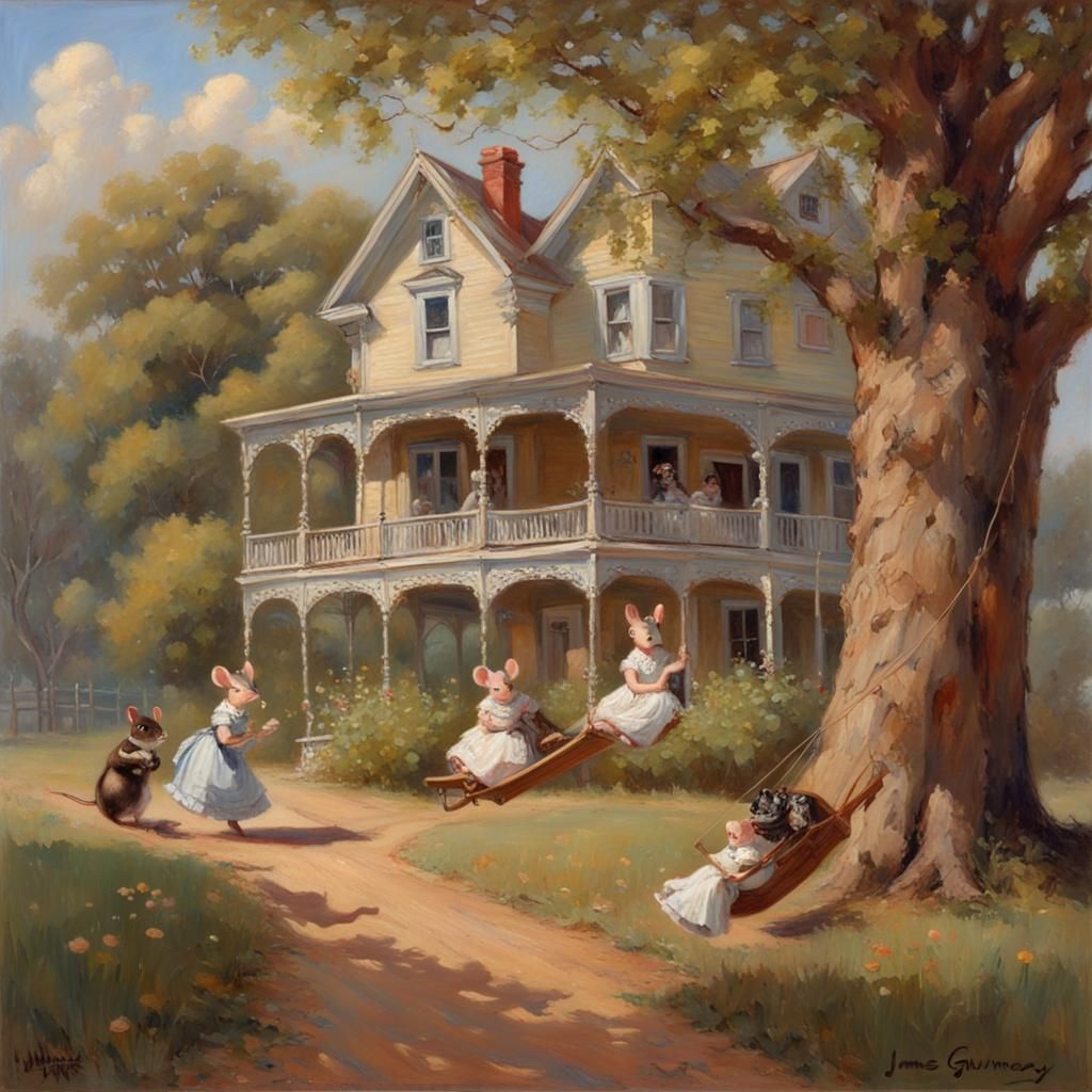 Victorian Home with Mice Swinging, Oil Painting