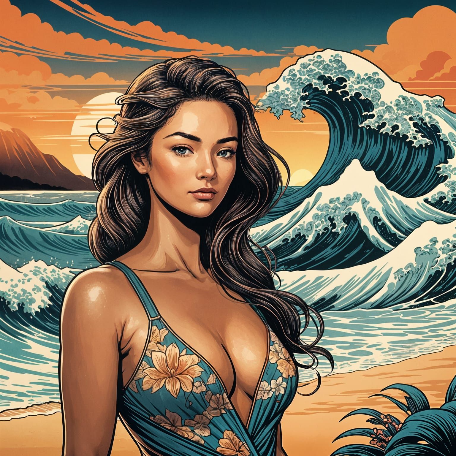 Surfer Captured in Tropical Sunset Amidst a Hokusai-Inspired...