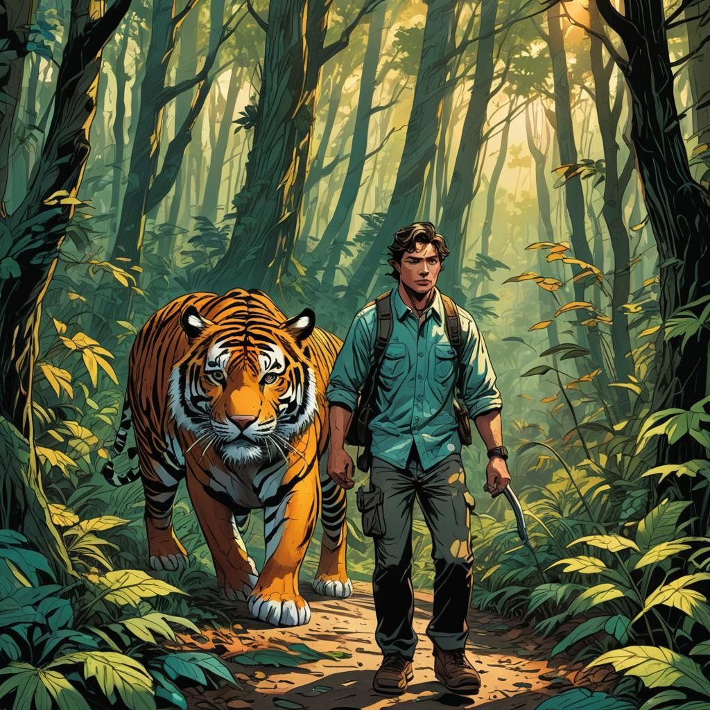Person Walking Tiger in Forest, Comic Book Art
