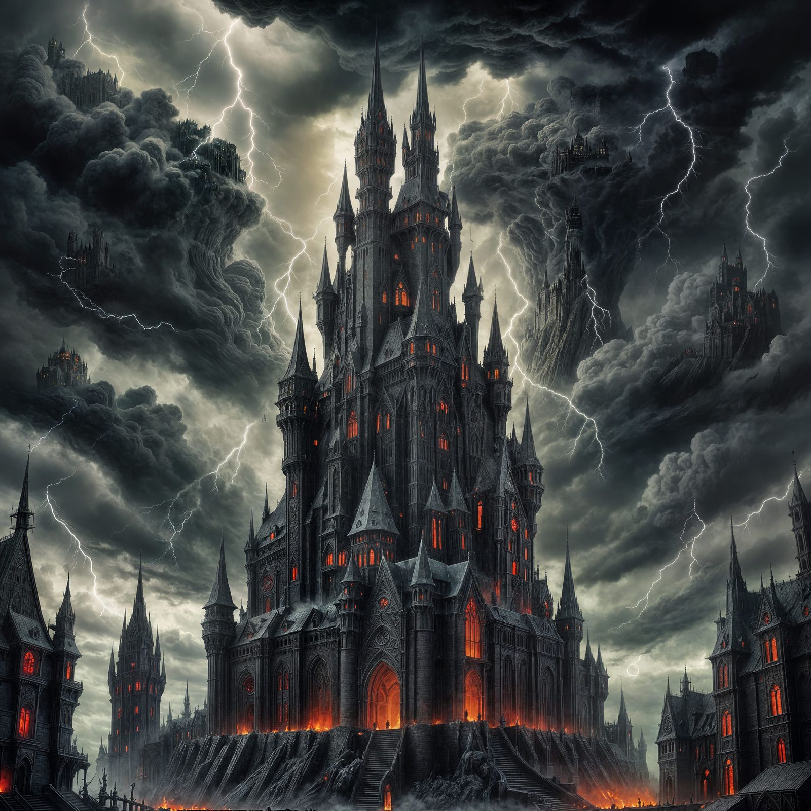 Towering Dark Castle with Lava Moat and Storm
