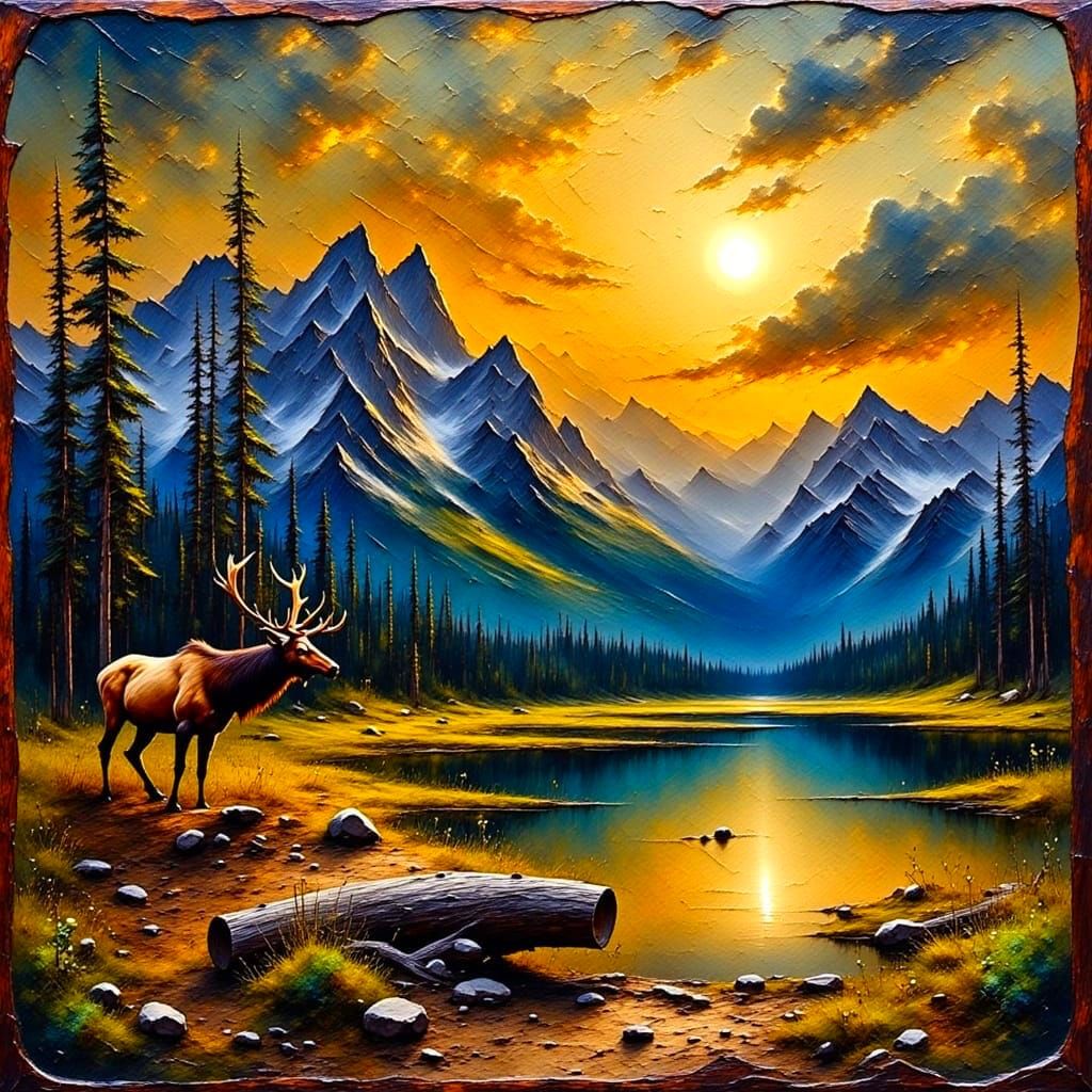 Regal Elk Under Full Moon in Wyoming Mountainscape