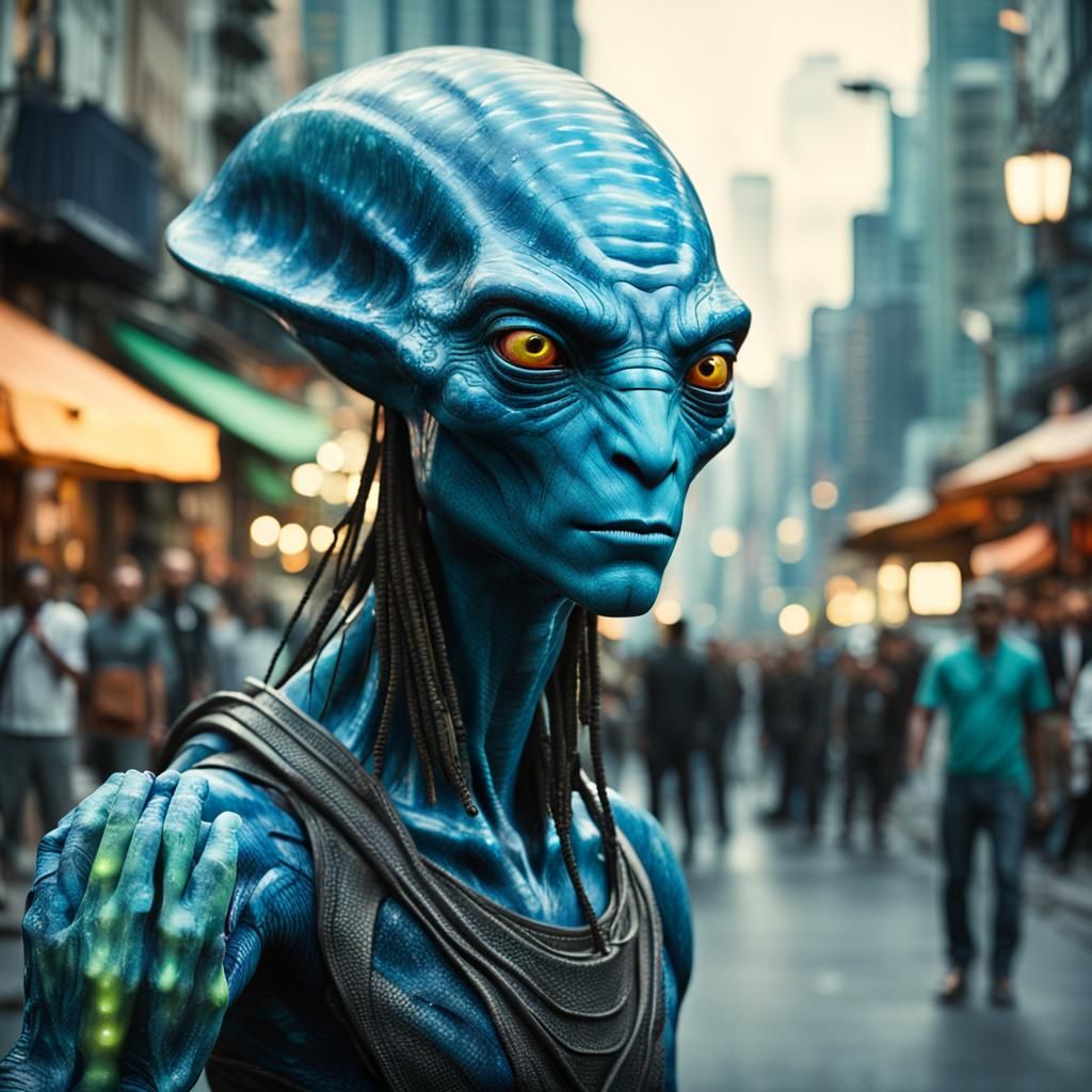 Alien Avatar Stands Alone on City Street