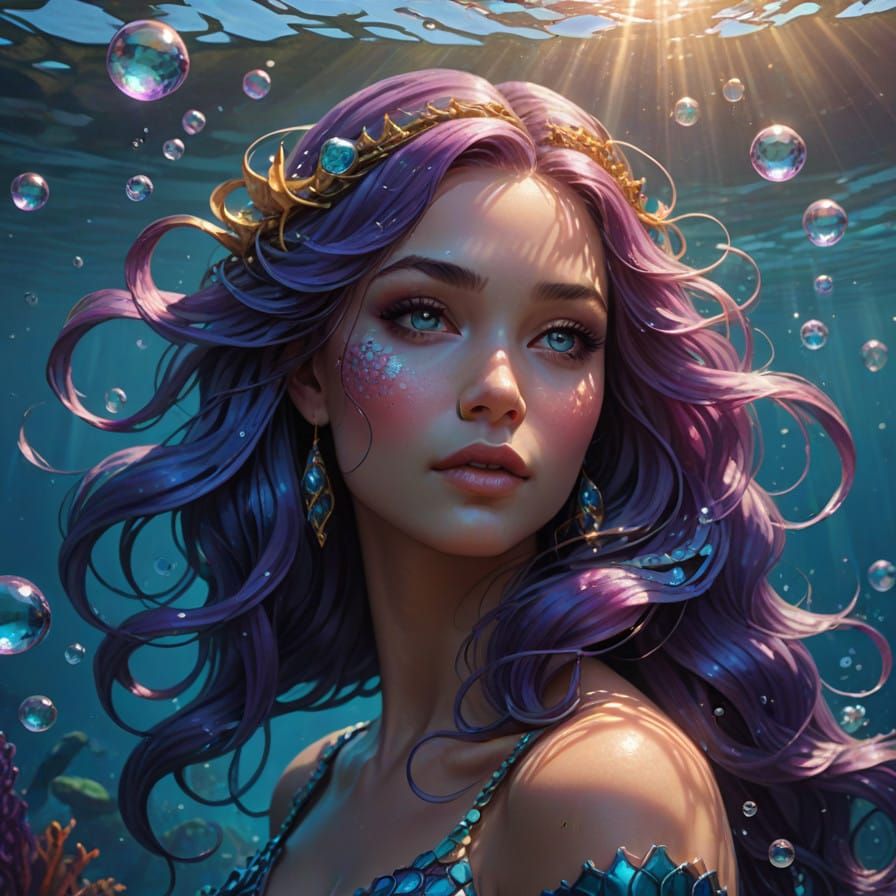 Surreal Mermaid in Shimmering Blue and Purple Scales
