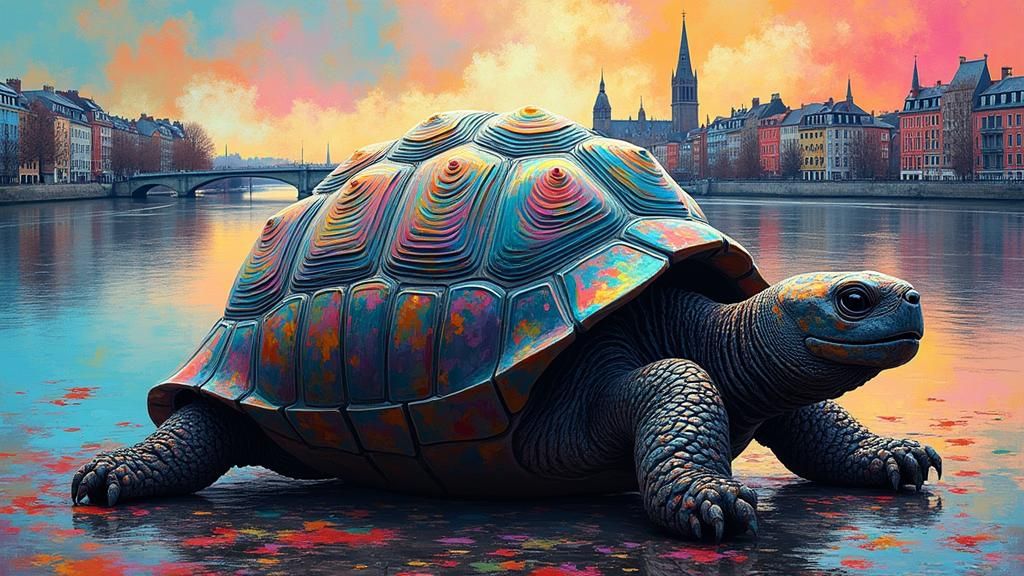 Giant Tortoise on Rhine River in Street Art Style