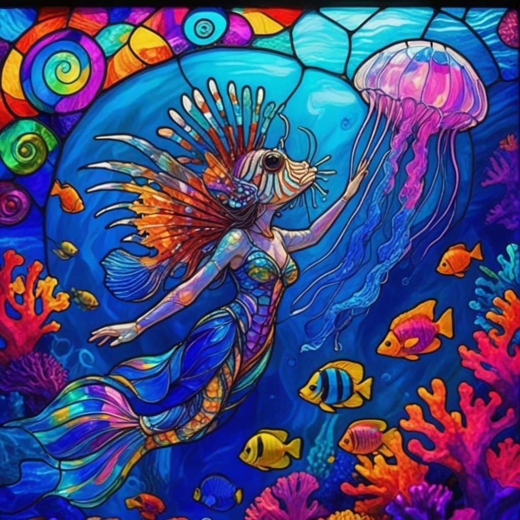 Fairytale Sea Folk Character in Stained Glass Art Style