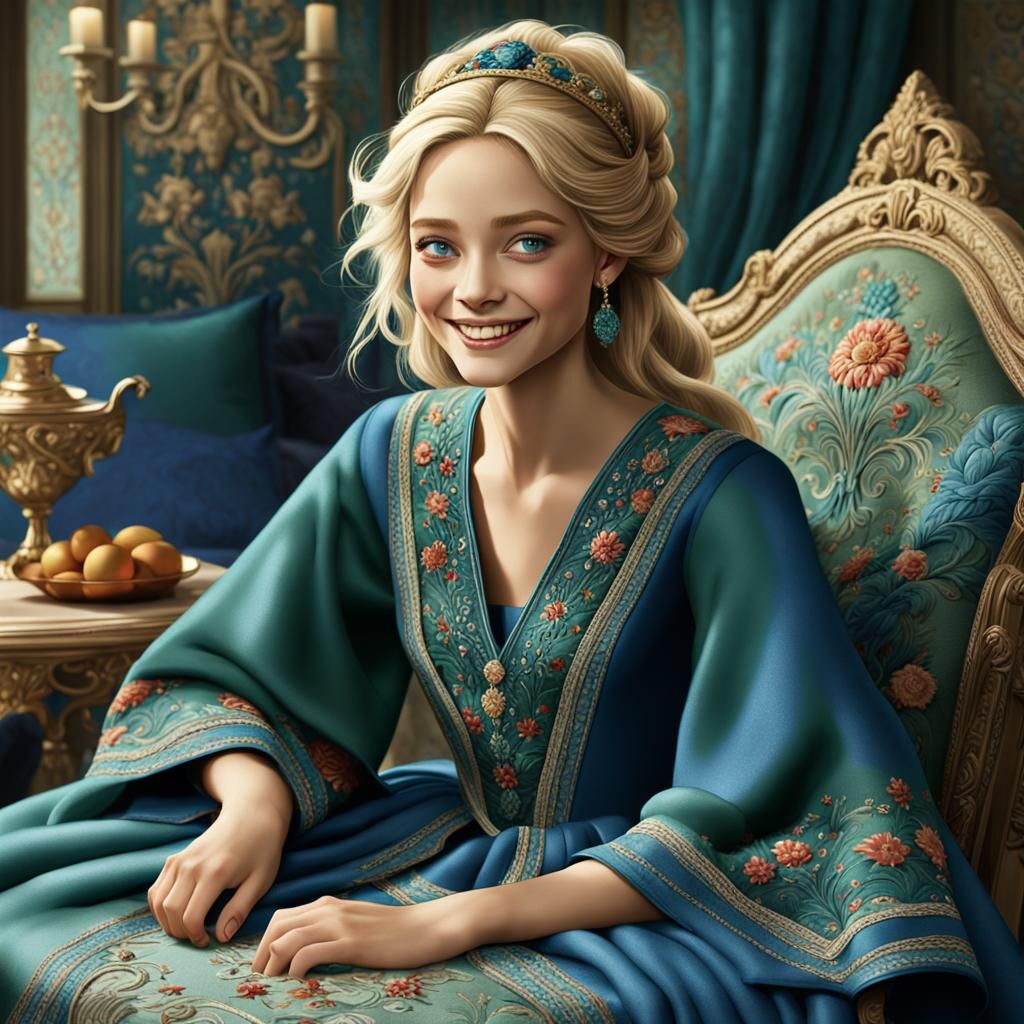 Blonde Woman Embroidering in a Fantastical Style