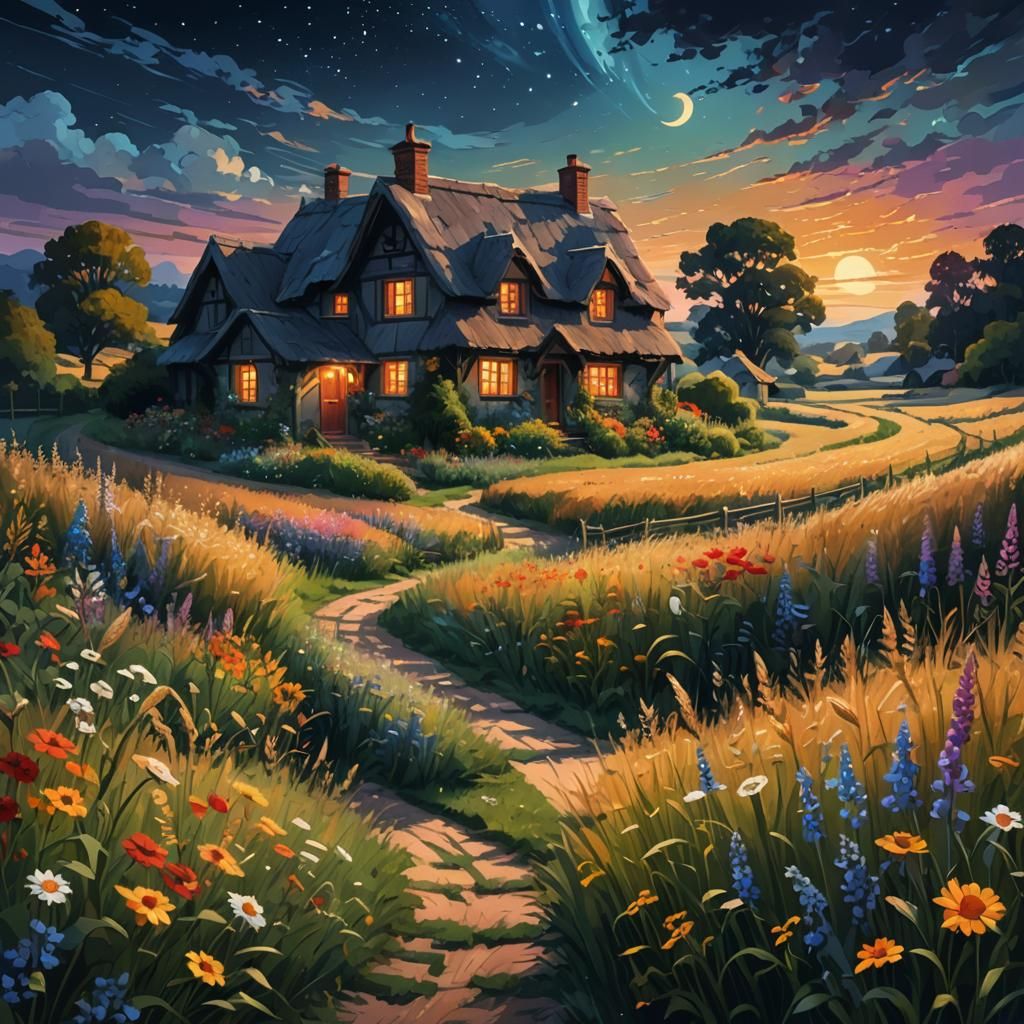 Picturesque Cottage Among Grain Fields at Night
