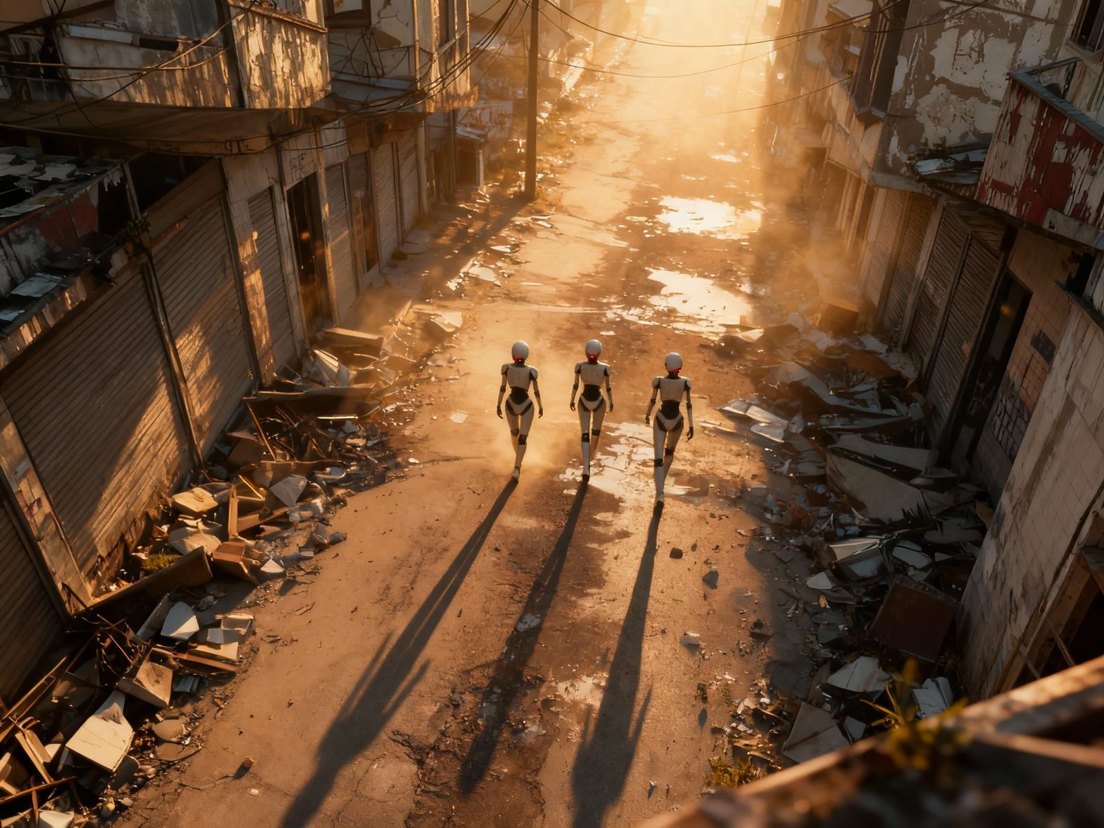 Futuristic Robots Scout Dystopian Cityscape