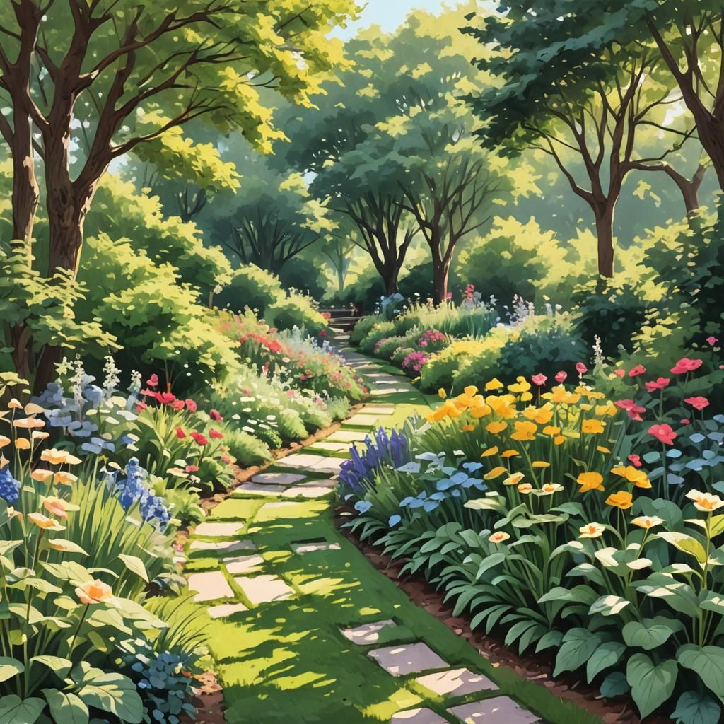 Morning Garden Stroll in Sketch Style