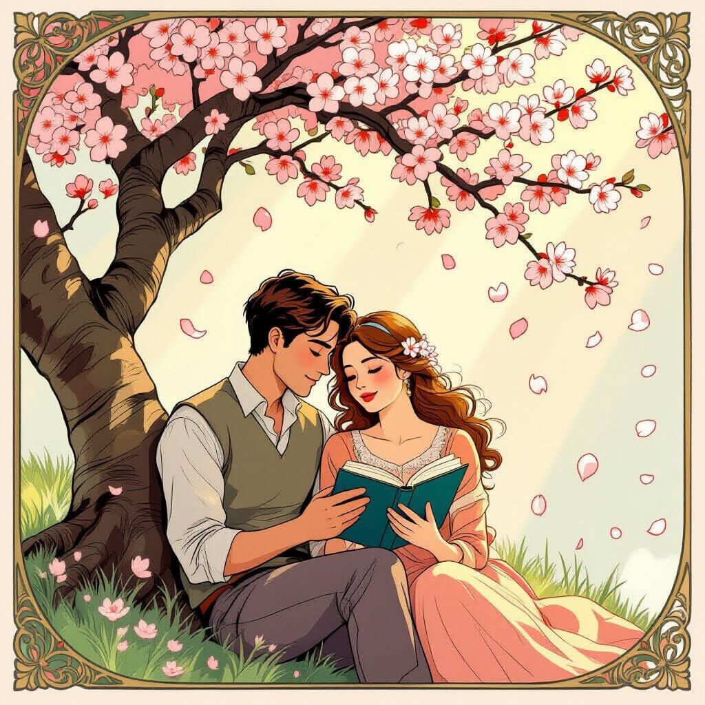 Art Nouveau Couple Reading Under Blossoming Peach Tree