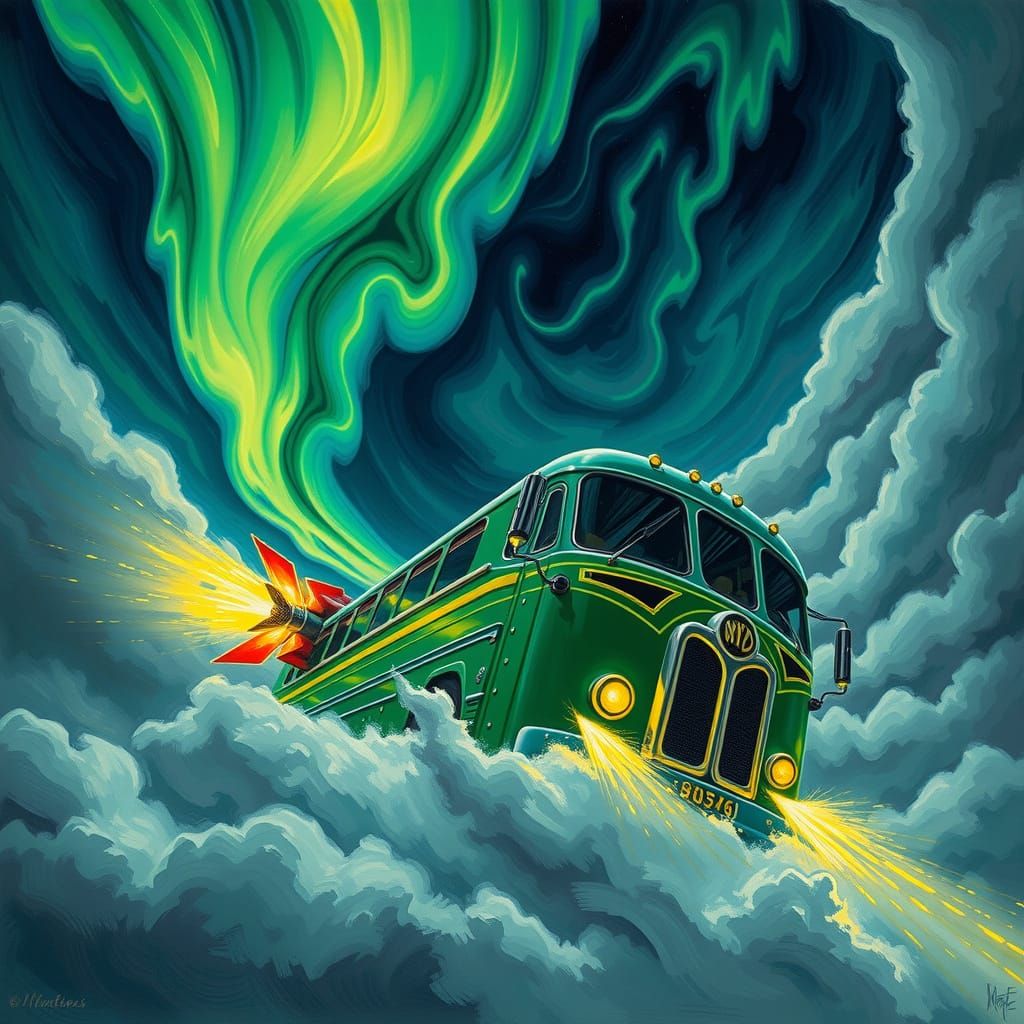 Emerald Rocket Bus Pierces the Stormy Skies in Neon Dreamsca...