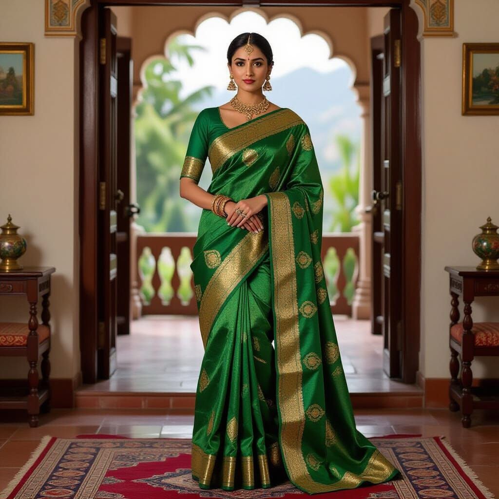 Indian Woman in Green Saree, Realistic Portrait
