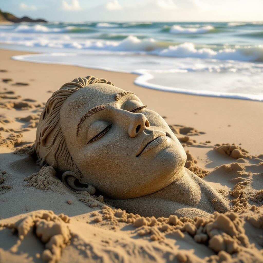 Detailed Sand Sculpture on Beach with Approaching Waves