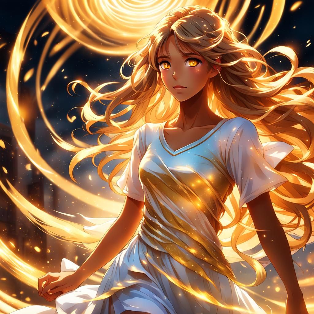 Anime Girl in White Dress with Golden Hour Glow